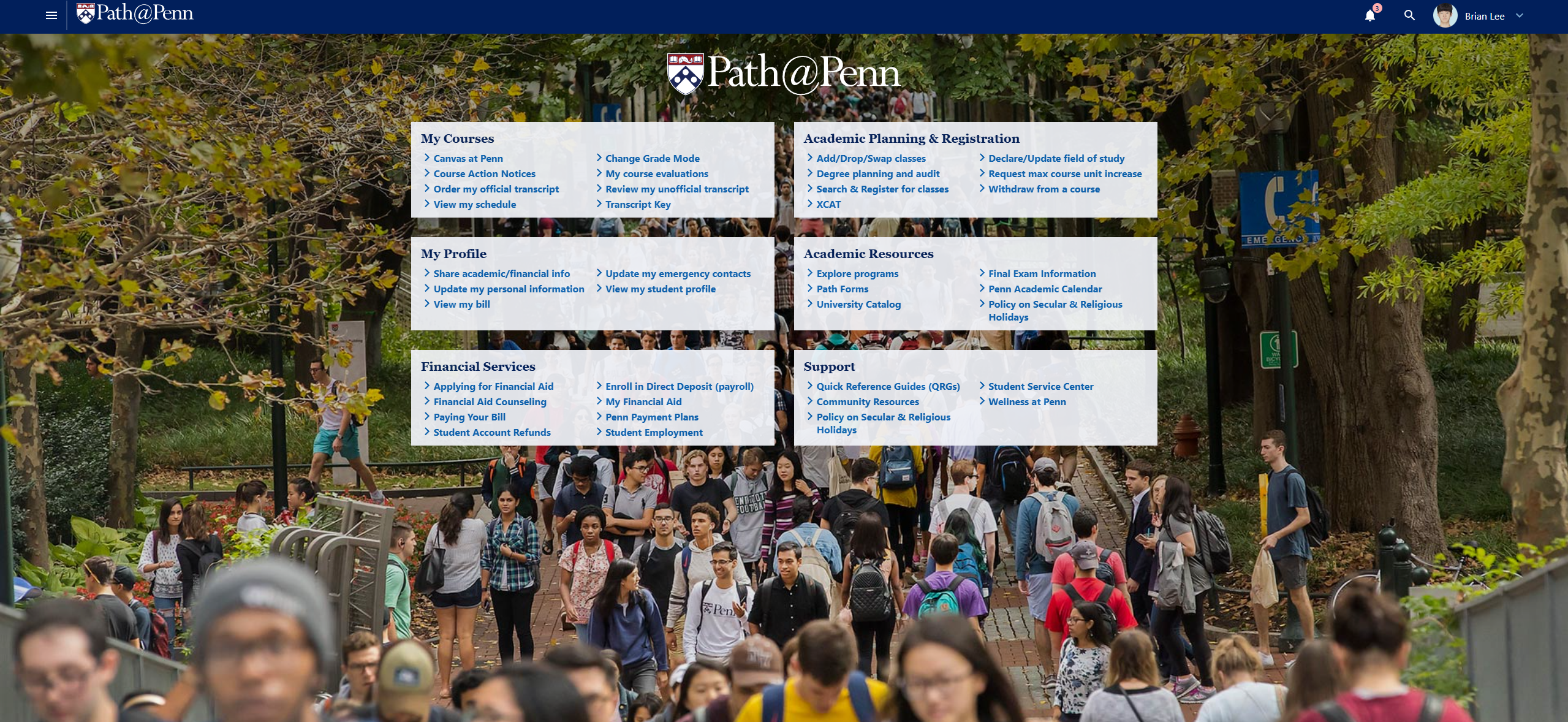 Path@Penn existing portal — dense category panel home page