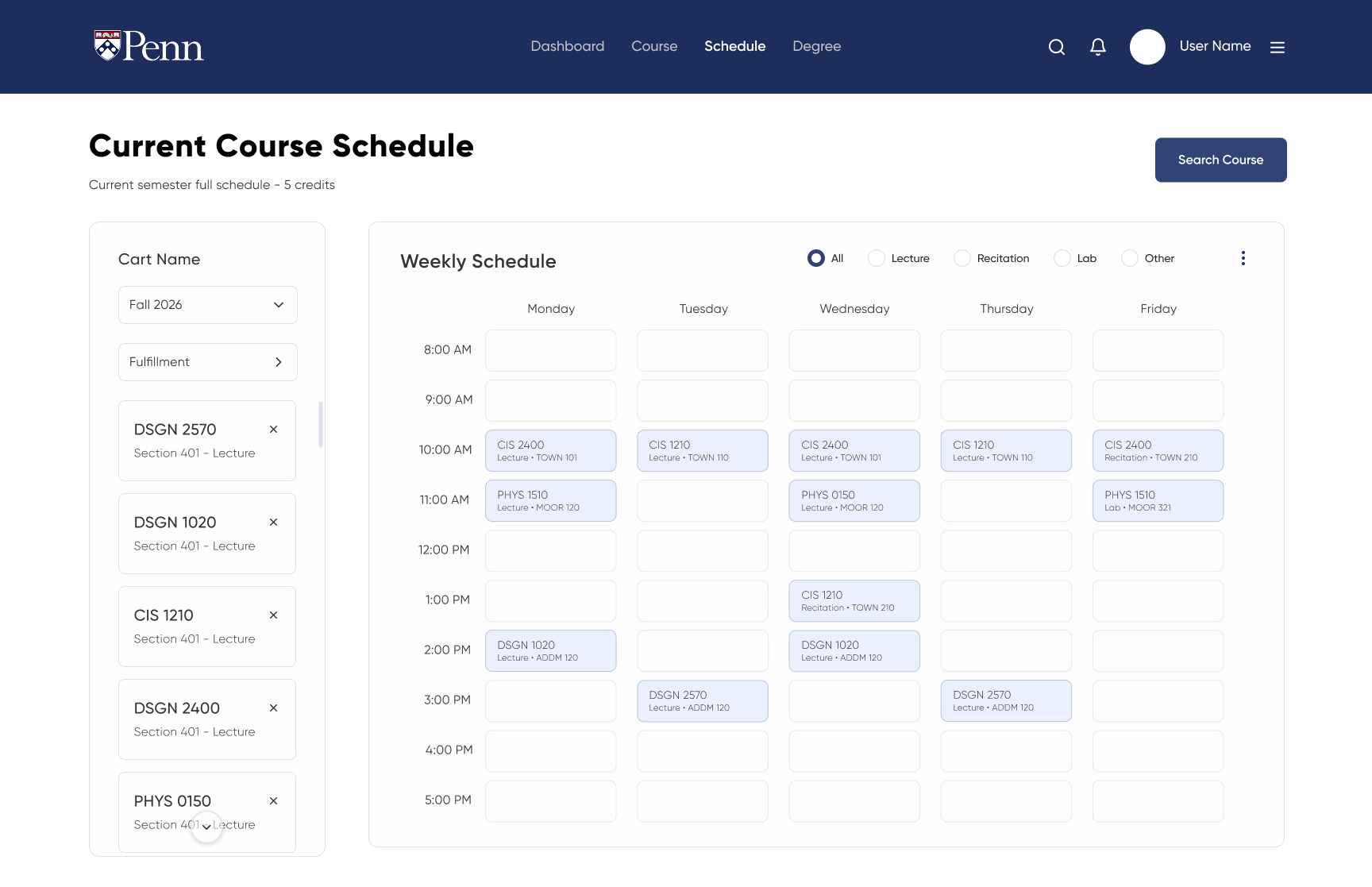 Path@Penn redesign — Weekly Schedule