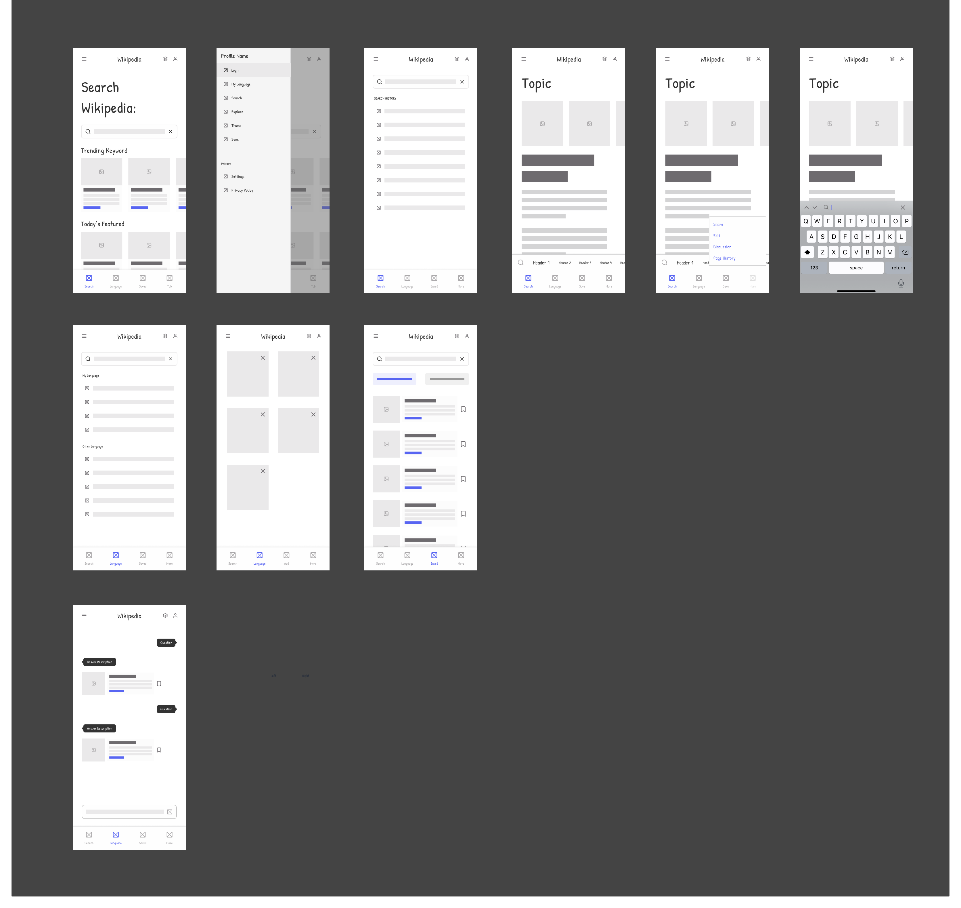 Lo-fi wireframe screens — all 9 states