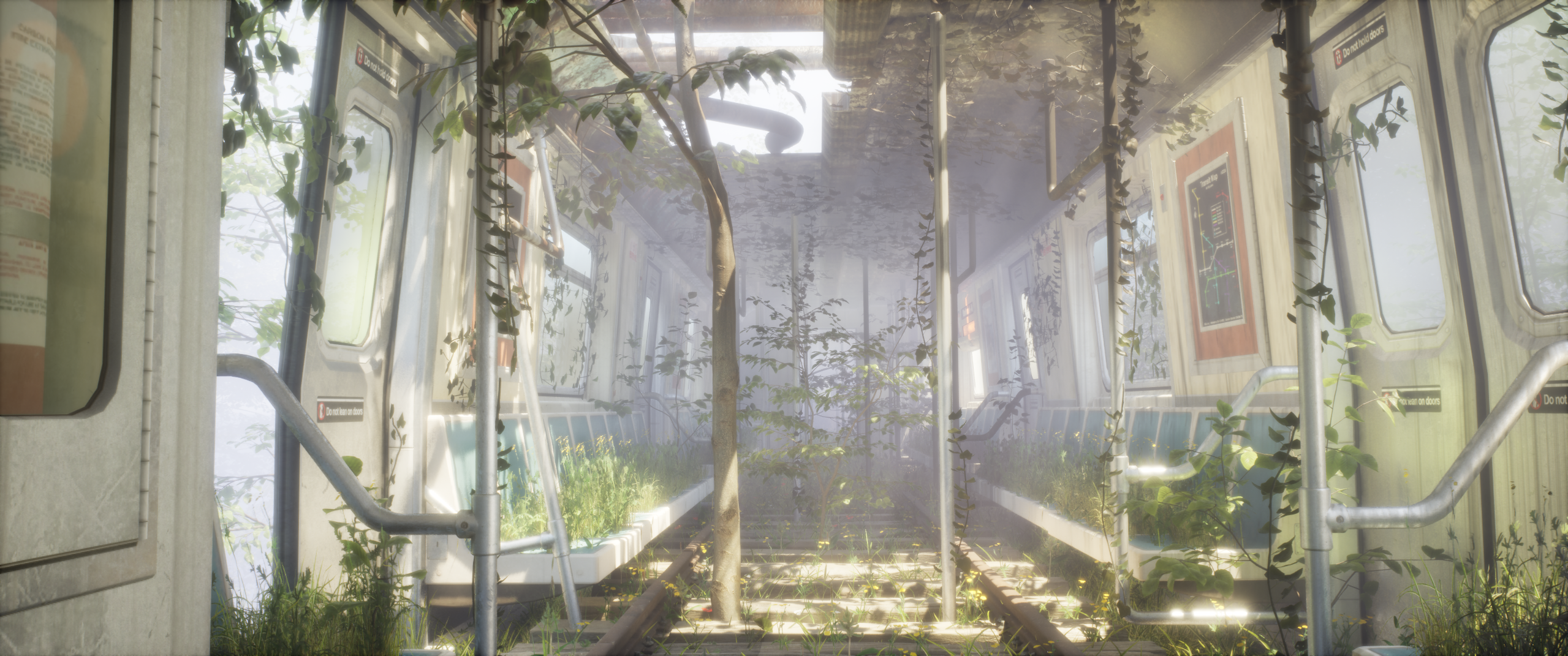 Subway interior — trees and vines