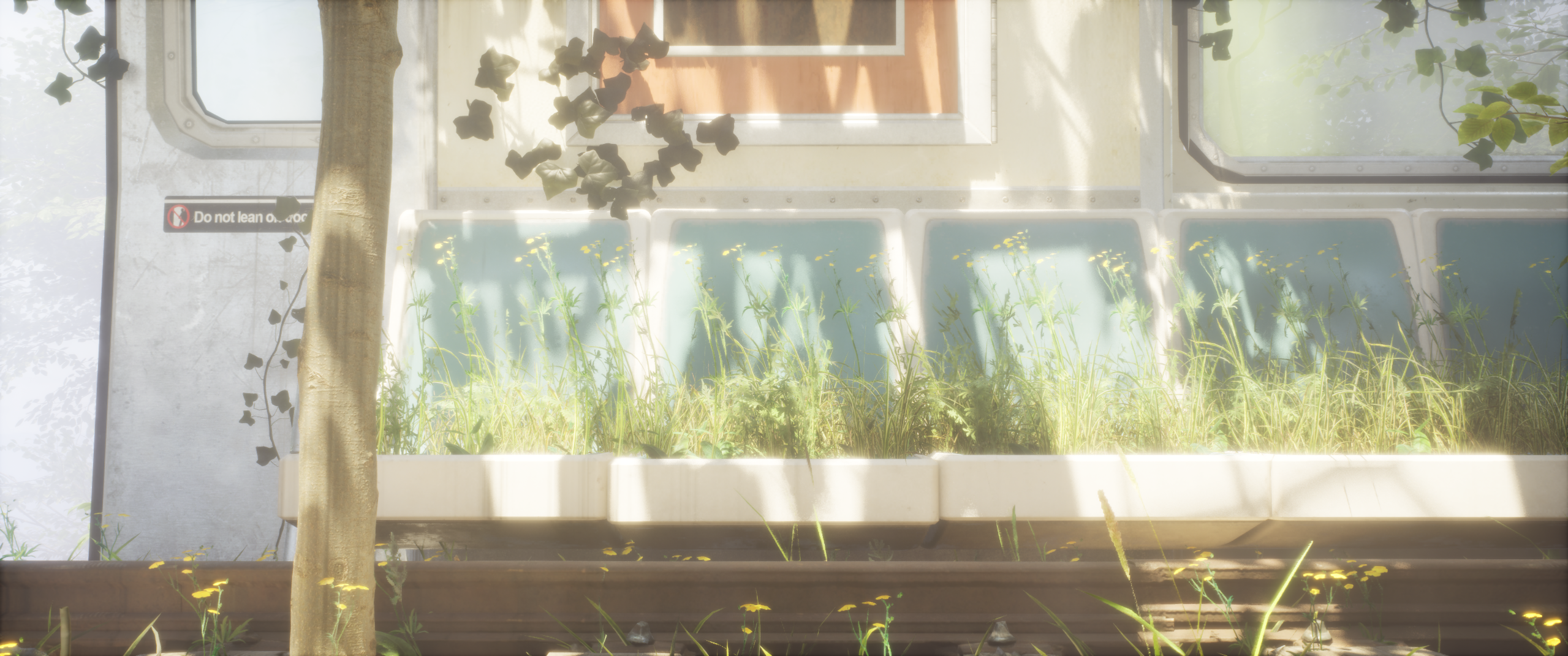 Train exterior — foliage overtaking the car